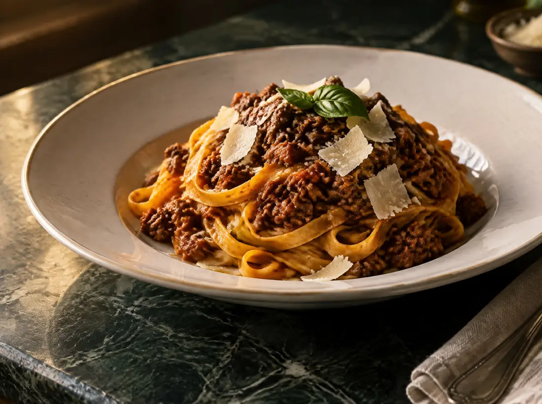 Tagliatelle al ragù, parmesan et basilic