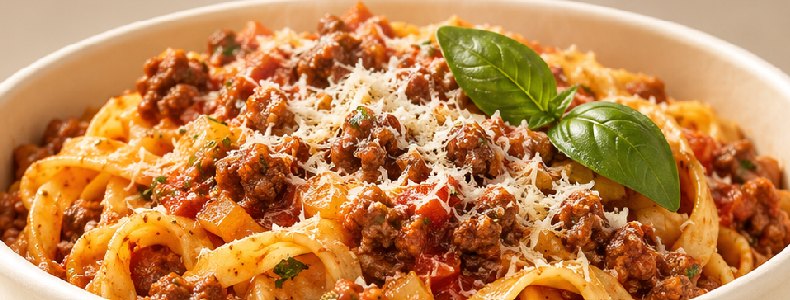 Tagliatelle au ragù, parmesan et basilic